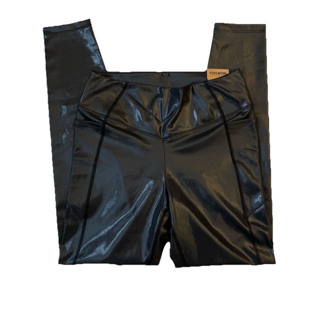 Pink Active Victoria's Secret High Waist Full Length Leggings Black Shiny Medium